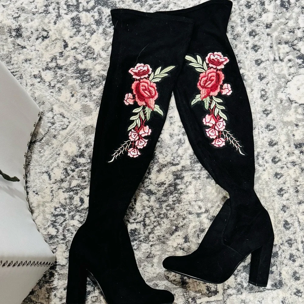 Steve Madden Black Rose Embroidered Over the Knee Faux Suede Boots